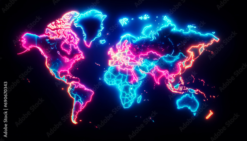Aufkleber Luminous neon world map with digital matrix and code streams. Global connectivity and data network concept. Generative AI