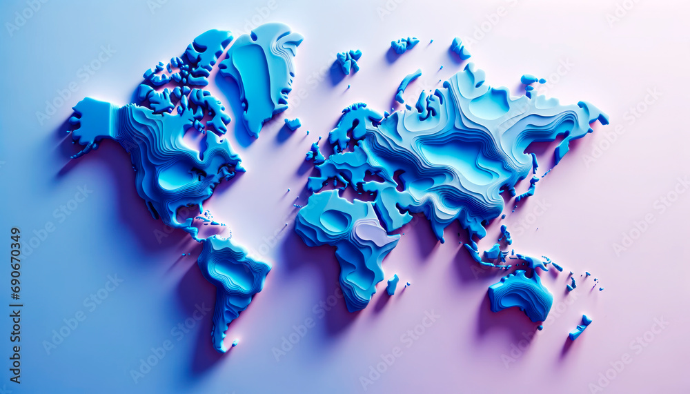 Aufkleber Artistic 3D world map with fluid lines and glowing edges on a dynamic purple background. Generative AI