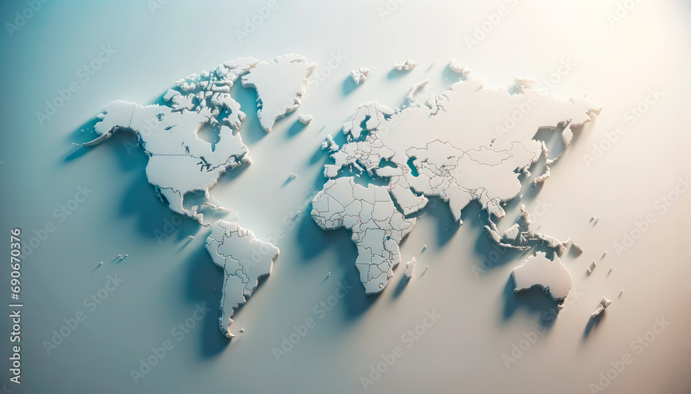 Poster Minimalistic 3D world map on a soft blue gradient background. Simplified earth representation. Generative AI