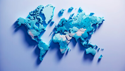 Sculpted 3D world map in white and blue, floating on a gentle gradient. Climatology study visualization. Generative AI