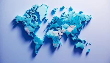 Photo sur Plexiglas Anti-reflet Carte du monde Sculpted 3D world map in white and blue, floating on a gentle gradient. Climatology study visualization. Generative AI
