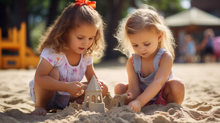 Two Little Girls Building a Sand Castle Together at a Playground