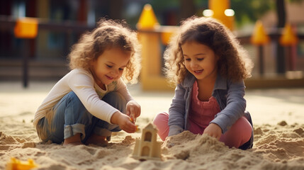 Little Girls Building a House out of Sand  - obrazy, fototapety, plakaty