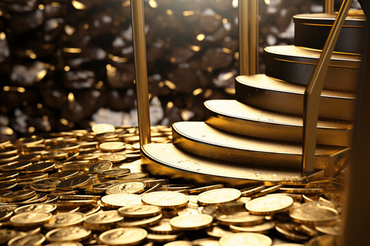  background illustration of a staircase made of gold bricks rising from the ground full of gold