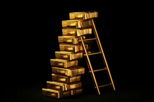  background illustration of a staircase made of gold bricks rising from the ground full of gold