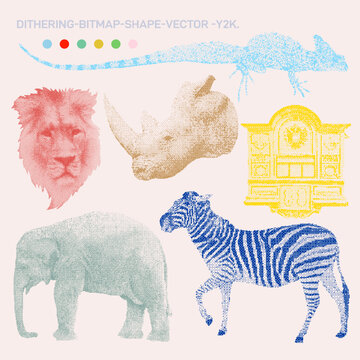 Set of Chameleon, lion, rhinoceros, mailbox, elephant, zebra. Digital art, web graphics, vintage-inspired branding. Dithering Bitmap Shape. Print for fashion and design. Vector illustration. Y2K.