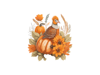 turkey with fall pumpkin and sun flowers illustration , Png Clipart.