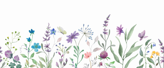 Watercolor floral border. Hand drawn illustration isolated on white background. Vector EPS.
