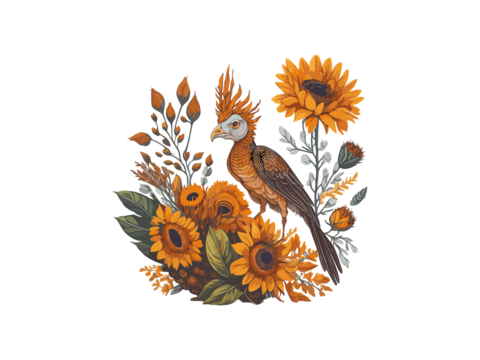 turkey with fall pumpkin and sun flowers illustration , Png Clipart.