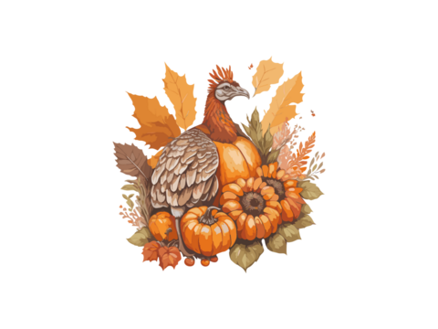 turkey with fall pumpkin and sun flowers illustration , Png Clipart.