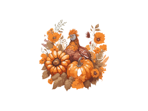 turkey with fall pumpkin and sun flowers illustration , Png Clipart.