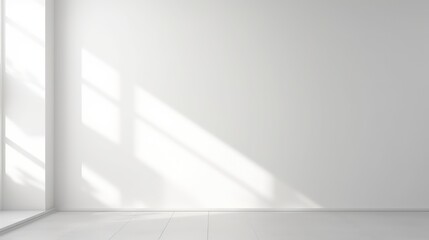 Realistic and minimalist blurred natural light windows, shadow overlay on wall paper texture, abstract background. Minimal abstract light white background for product presentation, generative AI