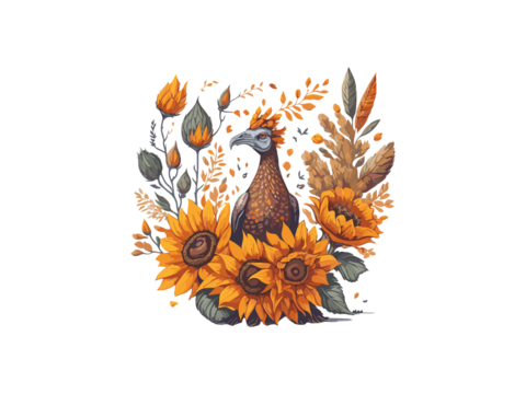 turkey with fall pumpkin and sun flowers illustration , Png Clipart.