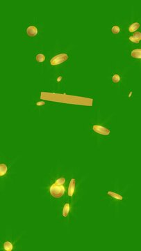 Spinning coins rain on green screen background. Gold coins winning bonus portrait 9x16 format. 4K resolution video
