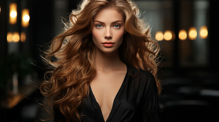 Fototapeta premium portrait of a young woman in a black dress with luxurious long brown wavy hair on a dark background