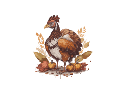 turkey with fall pumpkin and sun flowers illustration , Png Clipart.