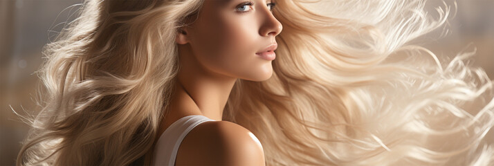 beauty portrait of a young woman with developing blond hair on a light background close-up, Banner. content for beauty salons and bloggers. space for text - obrazy, fototapety, plakaty