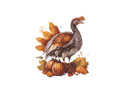 turkey with fall pumpkin and sun flowers illustration , Png Clipart.