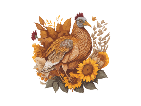 turkey with fall pumpkin and sun flowers illustration , Png Clipart.