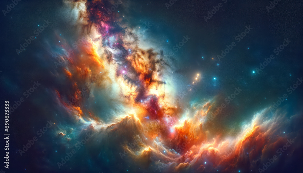 Poster nebulous cosmic formation with vibrant colors and starry backdrop. generative ai