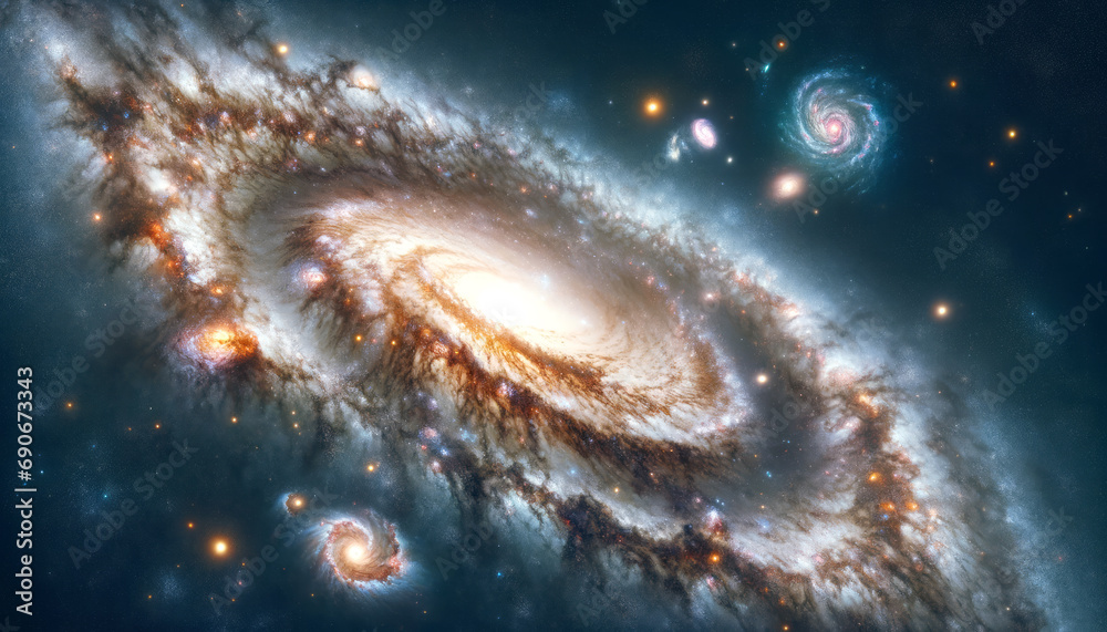Poster spiral galaxy surrounded by celestial phenomena and distant stars. generative ai