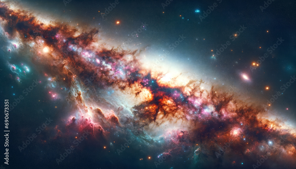 Poster sweeping view of a vibrant galaxy with interstellar dust and stars. generative ai