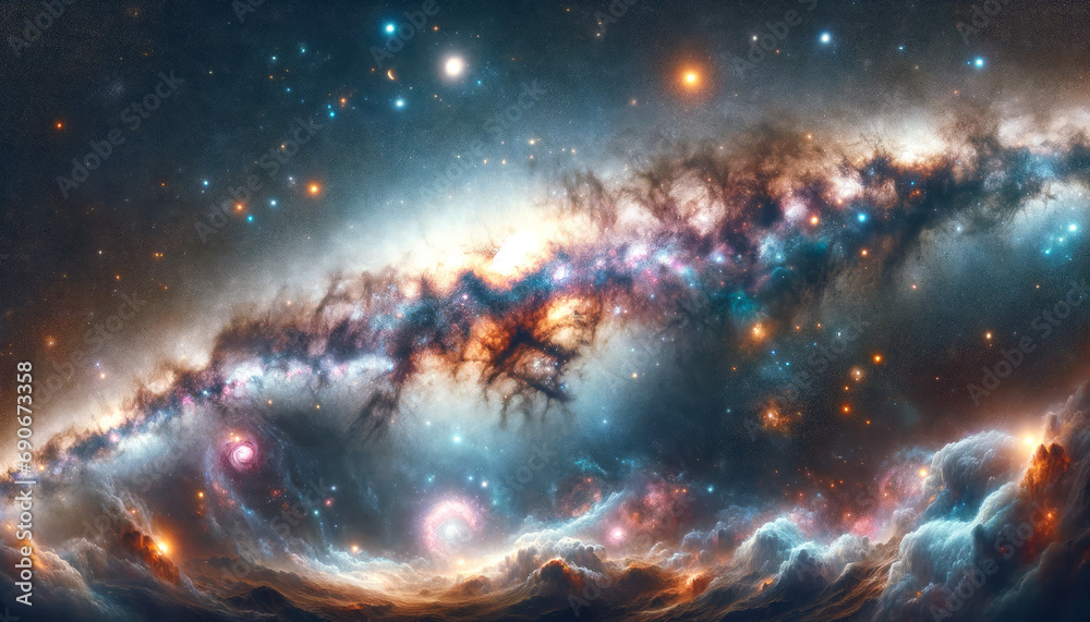 Poster majestic galaxy panorama with cosmic clouds and star clusters. generative ai