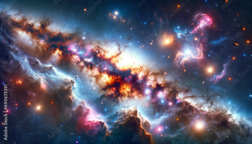 Poster galactic cloudscape with vibrant star formations and cosmic energy. generative ai