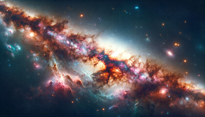 Fototapeta premium Sweeping view of a vibrant galaxy with interstellar dust and stars. Generative AI
