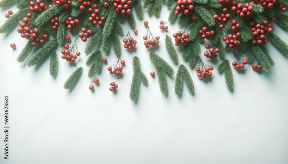Poster christmas background. fir branches with red berries on a white background, top view. generative ai