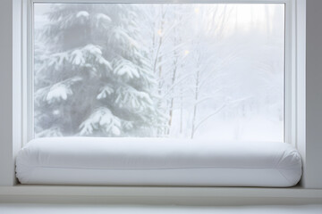 Draft excluder lying in front of window with snow outside to keep out cold air and save energy for heating in room