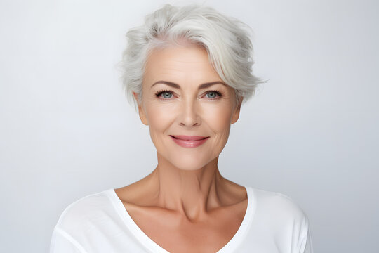 Beautiful elderly woman in her 50s or 60s with youthful appearance with short modern hair in front of white studio background