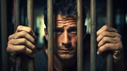 A Man Standing Behind the Jail Cell Metal Bars