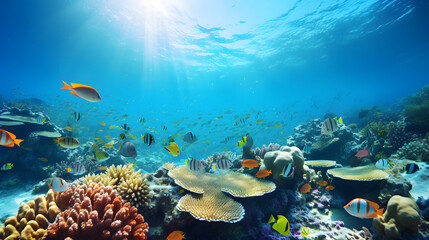 A school of tropical fish swimming near a coral reef underwater.