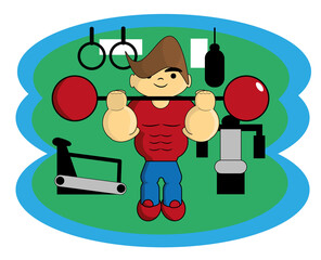 Vector e ilustración de hombre levantando barra de pesas en el gimnasio.