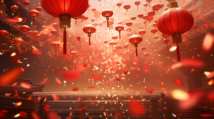 Festive background for Chinese New Year with red paper lanterns - obrazy, fototapety, plakaty