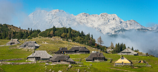 Mountain village in Alps, wooden houses in traditional style, Velika Planina, Kamnik, Slovenia