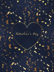 Fototapeta premium Luxurious dark blue vector Valentine's Day card with gold glitter and heart.