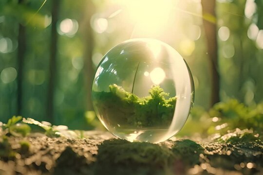 a glass ball filled with green plants on the ground