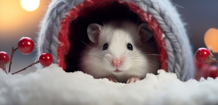 A cute hamster, in a cozy winter coat and a festive red stocking cap, peeks out from a snow-covered burrow, bringing a sense of warmth to the chilly winter scene. 
