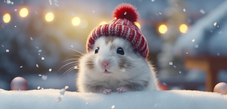 A cute hamster, in a cozy winter coat and a festive red stocking cap, explores a snowy playground filled with snow-covered rocks, bringing a smile to all who see.