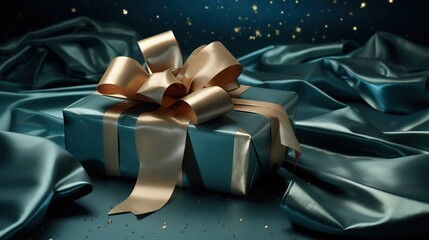 Green gift box with gold ribbon on green background, generative ai