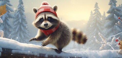 A cute raccoon, dressed in a snug winter coat and a playful red stocking cap, explores a snowy wonderland, hopping and skipping over snow-covered rocks.  - obrazy, fototapety, plakaty