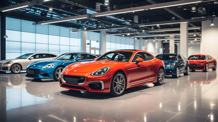 Luxury sports car showroom with a variety of high-end vehicles.