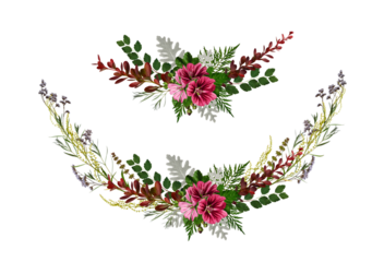 Vintage flower arrangements with wildflowers and herbs in the form of a half circle. Floral summer composition for wreaths, corner designs, wedding invitations and cards.