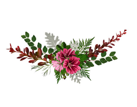 Floral summer composition. Flower arrangement with burgundy Berberis Thunbergii sprigs, pink common mallow flowers, green spirea leaves, silver Dusty Miller leaves. Vintage floral arrangement.
