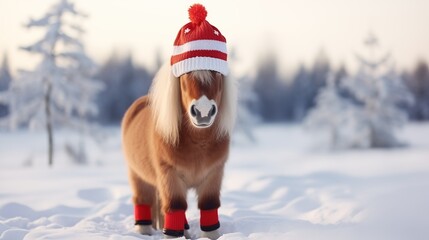 Funny miniature breed ponies dressed in Christmas Santa hats standing in a row on the snowy field in winter, Pet at Christmas, generative ai