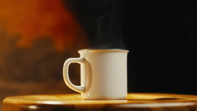 Hot coffee mug in the morning. Delicious drink to start the day. Steaming hot beverage.