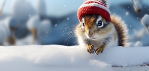 A charismatic chipmunk, in a stylish winter coat and a cute red stocking cap, discovers a cozy spot on a snow-covered rock, creating a picturesque winter scene. 