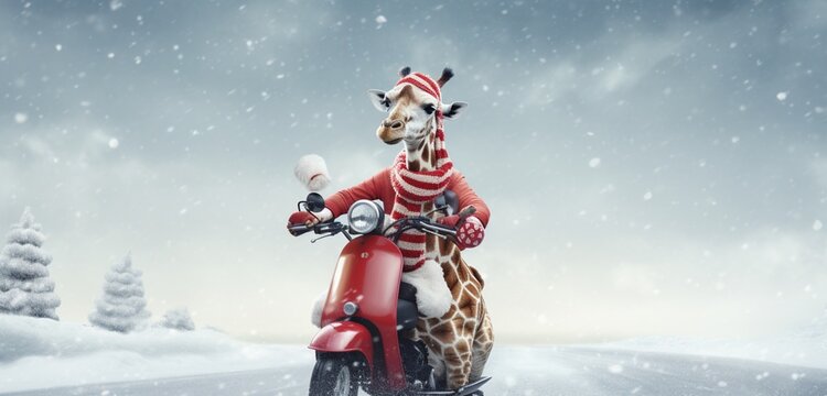 A delightful picture of a giraffe on a scooter, its hat playfully larger, cruising through a snow-covered landscape, adorned in a snug winter coat and a red stocking cap with a fluffy white pom pom.